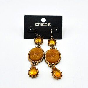 Chico’s Gold Tone Amber Yellow Dangle Drop Earrings Faux Druzy & Teardrop Stones